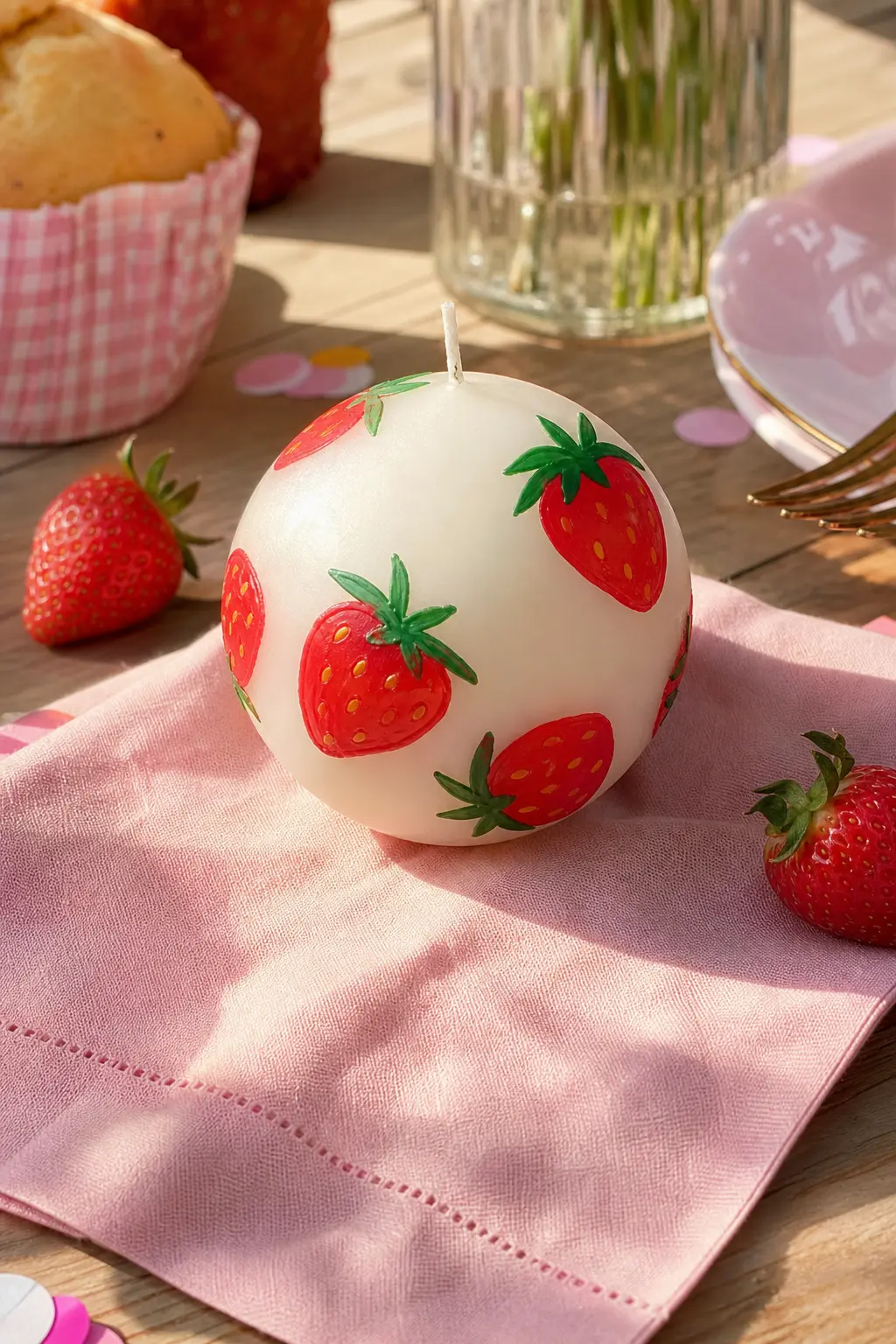 Strawberry Patch Ball Candle — Base candle: a round white ball candle. Candle painting ideas