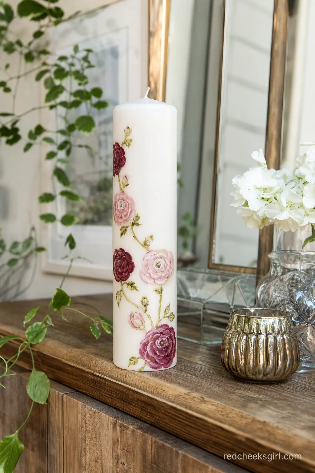 Trailing Ranunculus Pillar — Base candle: one white pillar candle, wide enough to give the trail room to climb. Candle painting ideas