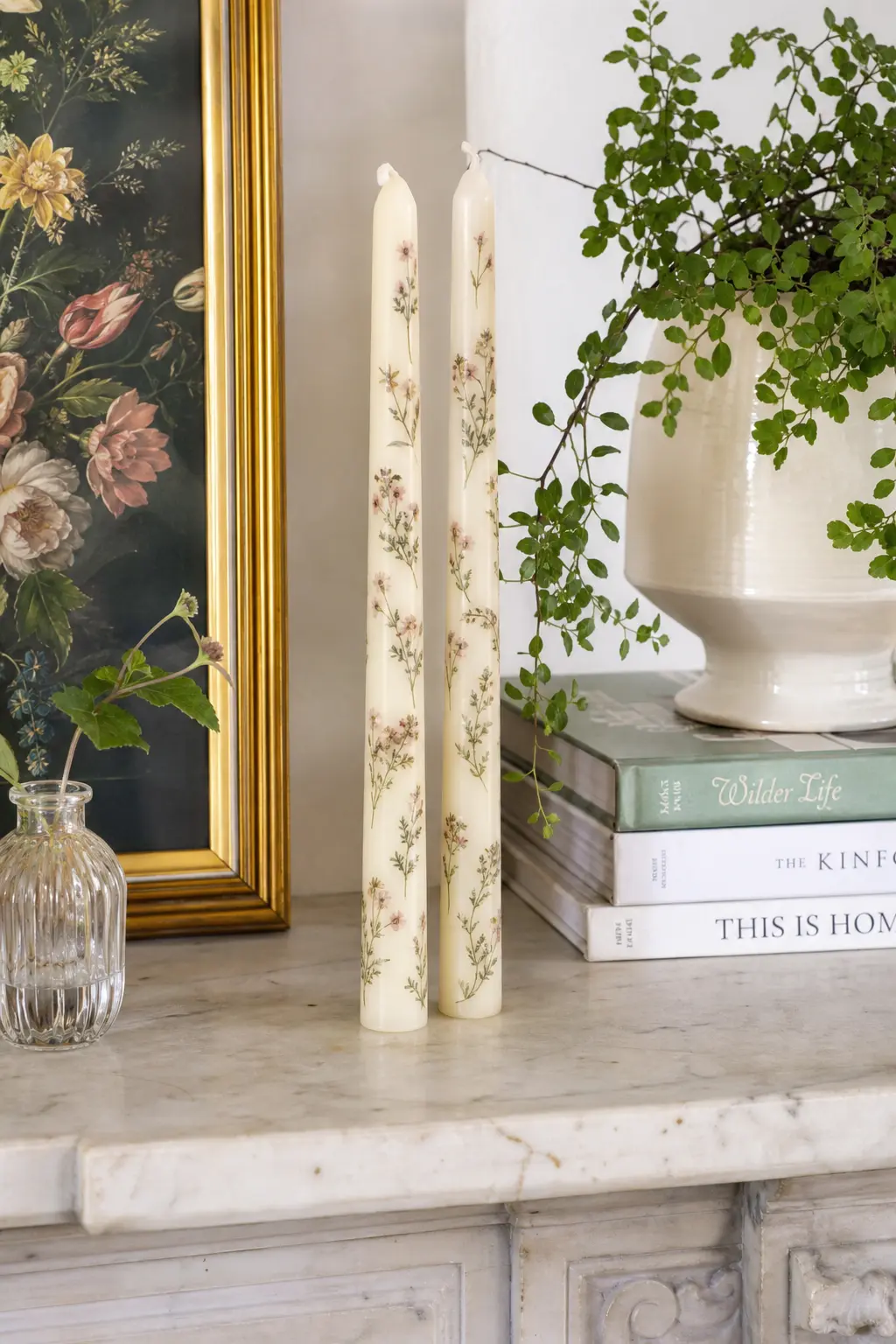 Wildflower Meadow Taper Pair — Base candle: two ivory taper candles. Candle painting ideas