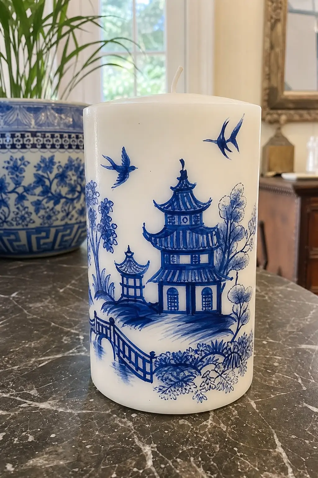Willow Pattern Pillar — Base candle: one wide white pillar candle, the most forgiving surface for a design this detailed. Candle painting ideas