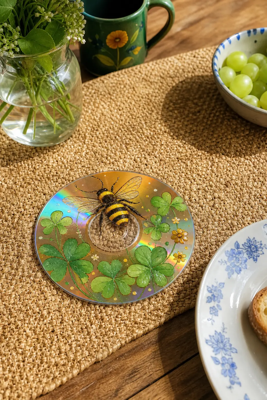Bee And Clover — A fat little bee hovering over a clump of three-leaf clover gives the disc a bit of humour without going cartoonish. Cd painting ideas easy