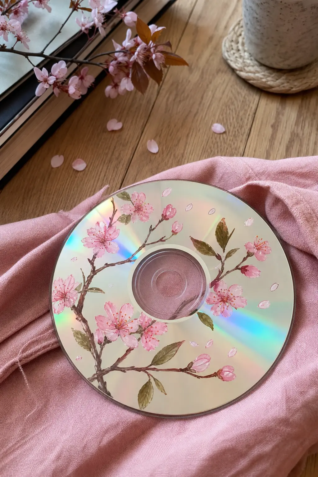 Cherry Blossom Branch — One diagonal branch crossing the disc, dotted with blush pink blossoms, uses the round shape as a window rather than a frame. Cd