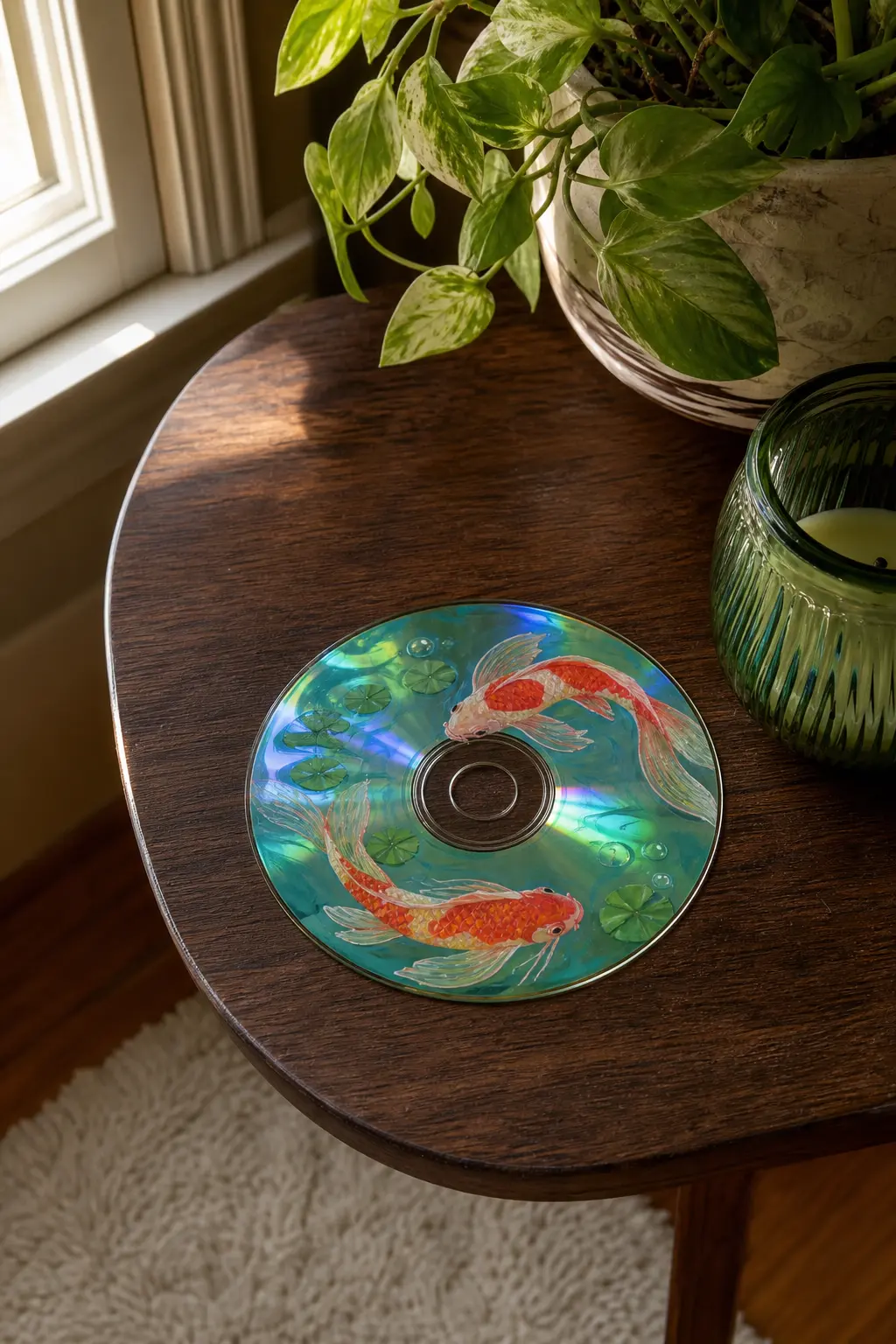 Koi Pair — Two koi curling around the centre hole use the disc's own circle as the pond. Cd painting ideas easy