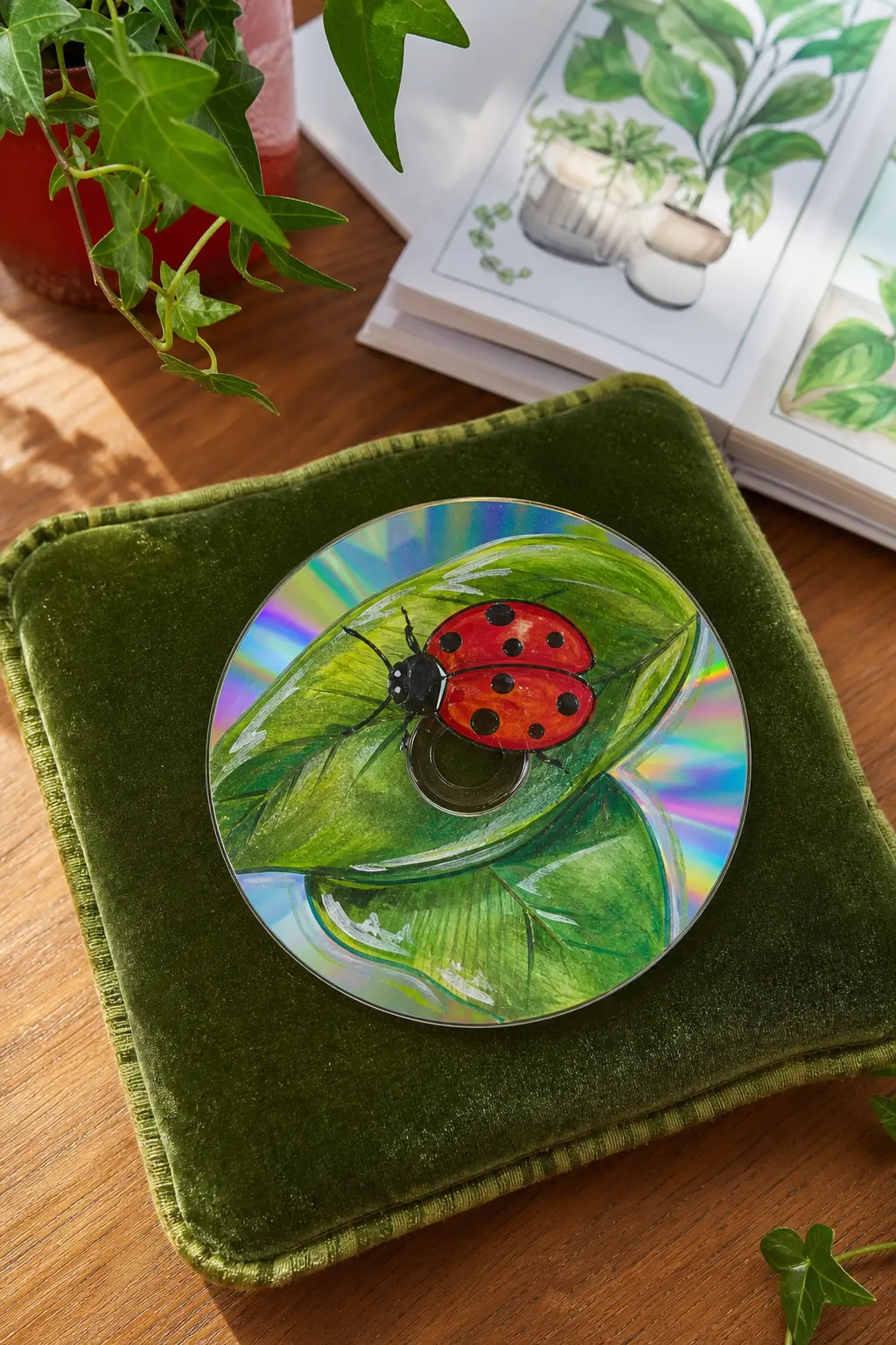 Ladybug On A Leaf — A single ladybug painted large, taking up nearly a third of the disc, sitting on one green leaf shape, gives you maximum charm for minimum