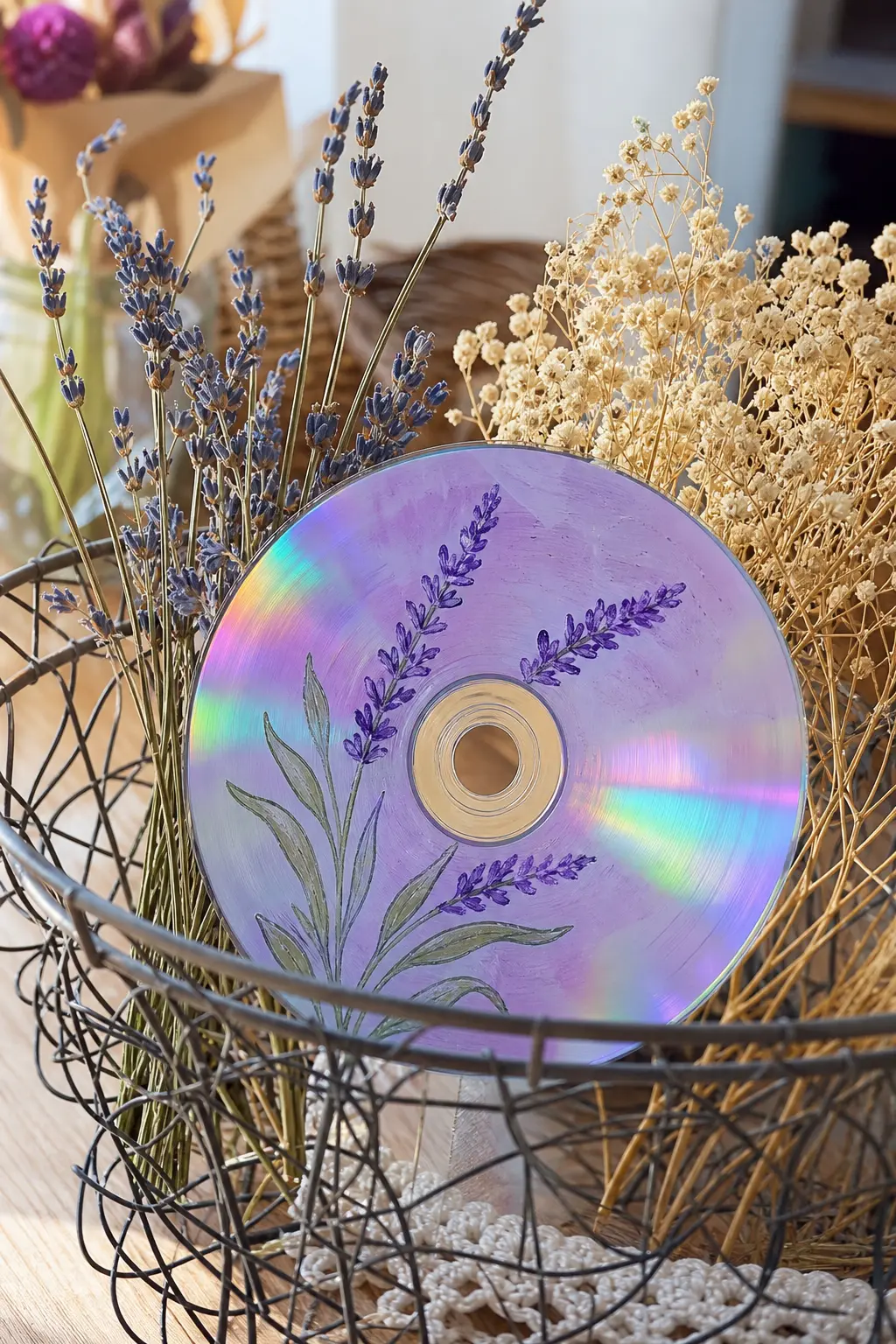 Lavender Sprig — A single sprig of lavender, painted as a row of tiny purple dashes up a sage green stem, is almost meditative to make. Cd painting ideas easy