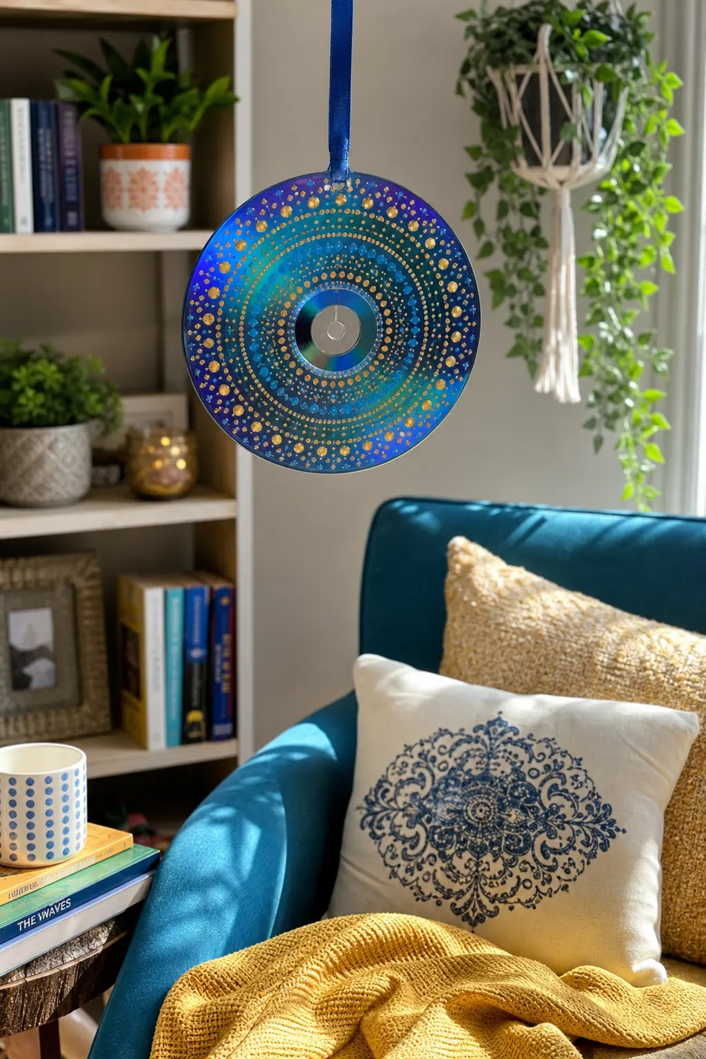 Mandala Rings — Concentric rings of small indigo and gold dots, built outward from the centre hole with the end of a paintbrush handle, turn a CD into a tiny