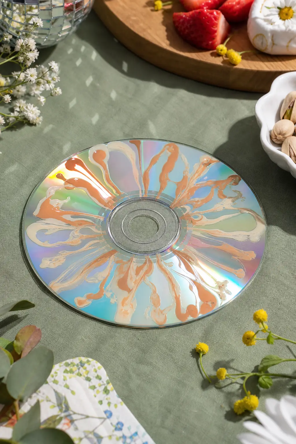 Marbled Drip — Terracotta and cream acrylic thinned with a little water, dripped from the centre hole outward and left to run on its own, gives a marbled