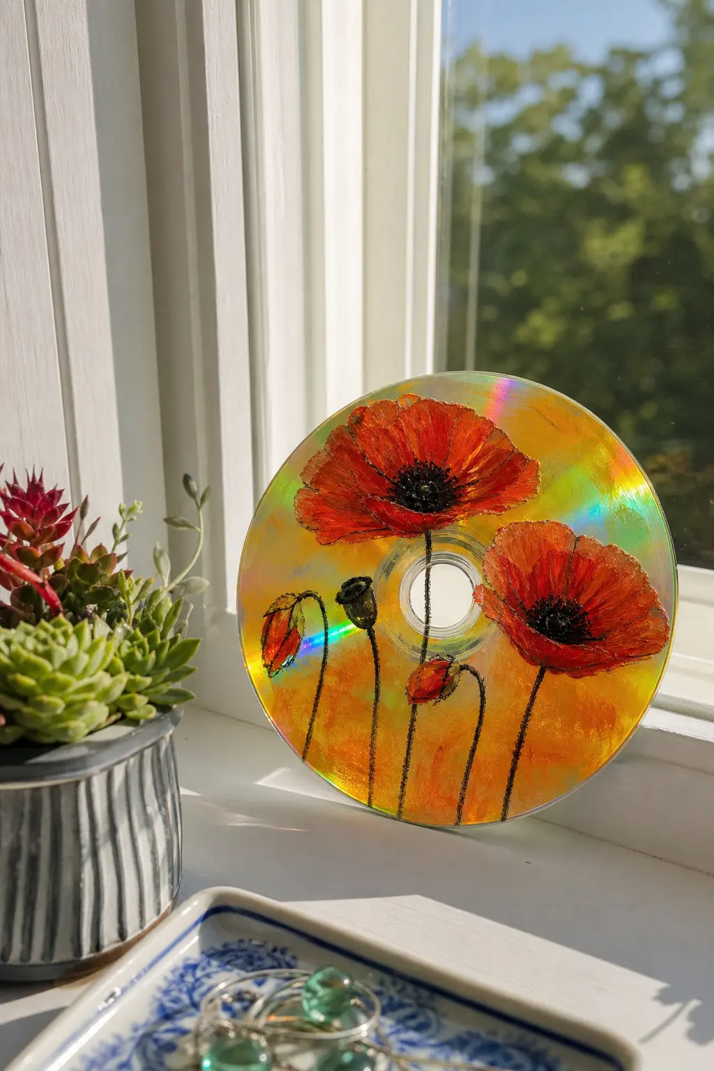 Poppy Trio — Three scarlet poppies at different stages, one bud, one half open, one full bloom, make use of the whole disc without needing a background at all.