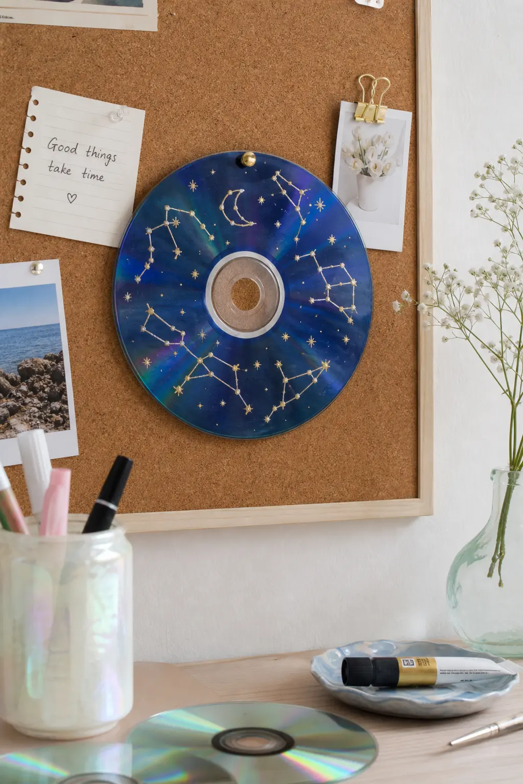 Star Map Dots — A scatter of gold dots connected by thin cream lines into a rough constellation shape turns the disc into a small star chart. Cd painting ideas