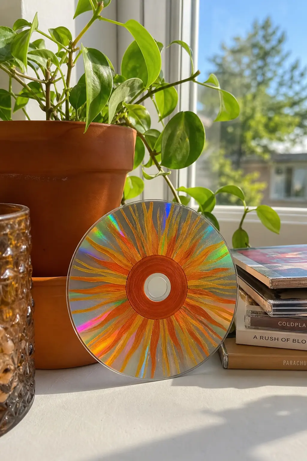 Sunburst Rays — Straight burnt orange rays radiating from the centre hole out to the edge use the disc's own geometry instead of fighting it. Cd painting ideas