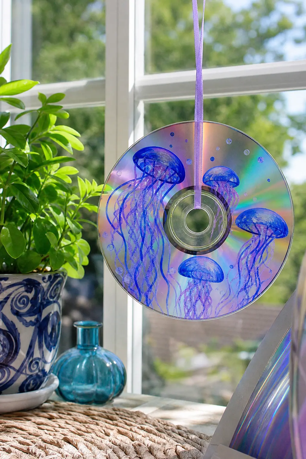 Trailing Jellyfish — A jellyfish bell in cobalt blue with lavender tentacles trailing off the edge of the disc turns the rainbow sheen into deep water