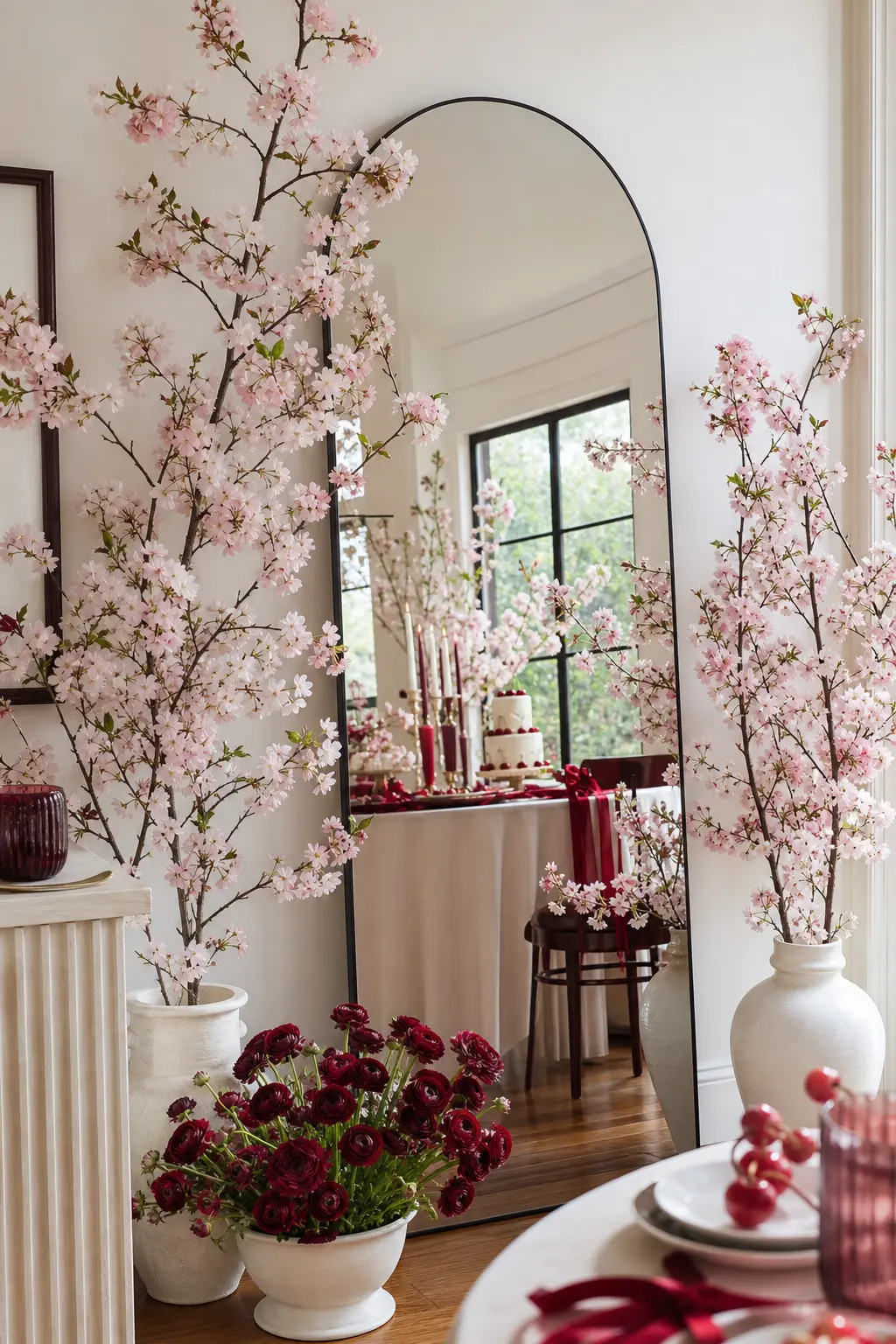 The Blossom Branch Mirror Corner — An arched mirror leans against the wall instead of hanging, flanked by tall branches of blush cherry blossom and a low bowl