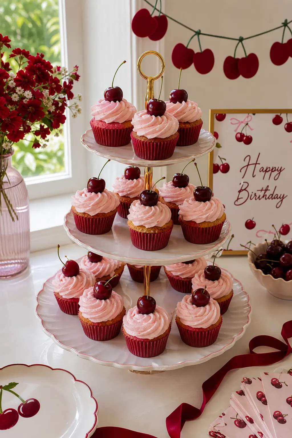 The Blush Cupcake Tower — A tiered stand holds cupcakes frosted in soft blush swirls, each one finished with a single fresh or candied cherry pressed into the
