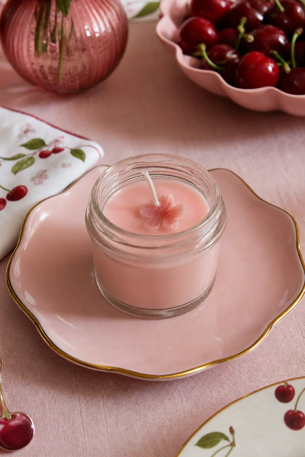 The Cherry Blossom Candle Favor — A small poured candle in a plain glass jar carries a light cherry blossom scent, with a blush wax top and no printed label