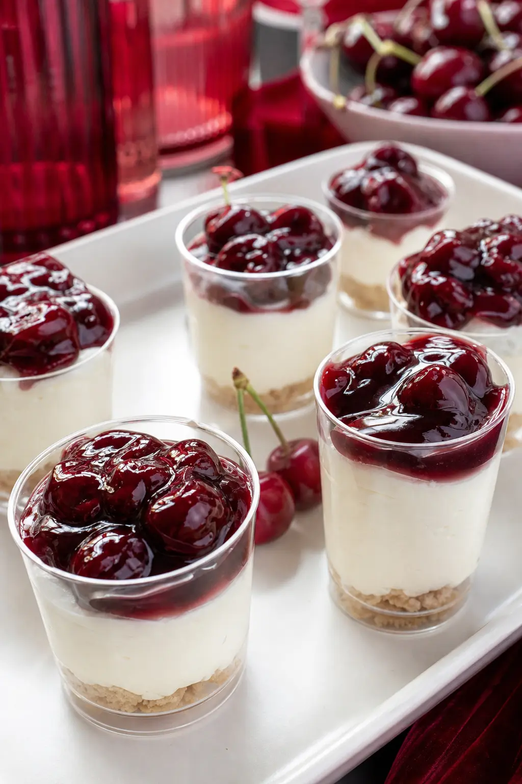 The Cherry Compote Cheesecake Bites — Individual cheesecake bites in small cups get a spoonful of deep red cherry compote on top instead of a whole cherry, so