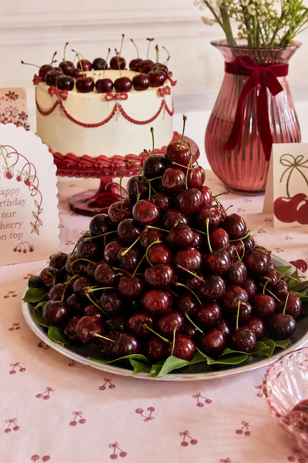 The Cherry Fruit Tower — Fresh cherries stack into a low pyramid on a plain silver tray, held together with a bit of skewer at the core, with a few loose green