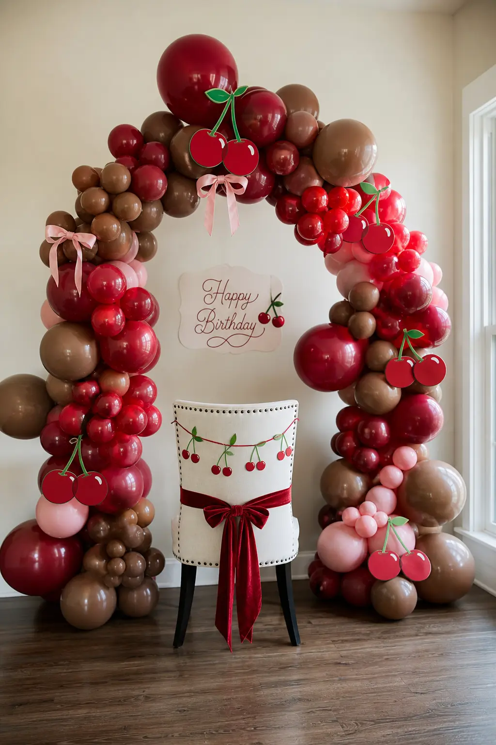 The Cherry Red and Cocoa Chair Arch — A small arch of cherry red and warm cocoa brown balloons frames the birthday child's chair from behind, so every photo