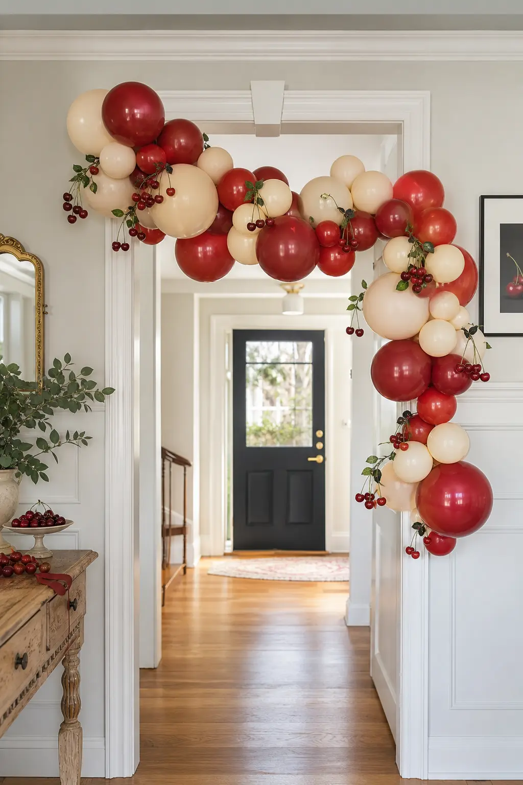 The Cherry Red and Cream Doorway Swag — A loose balloon swag in cherry red and cream drapes across the top of the entry doorway, with a few real cherries wired