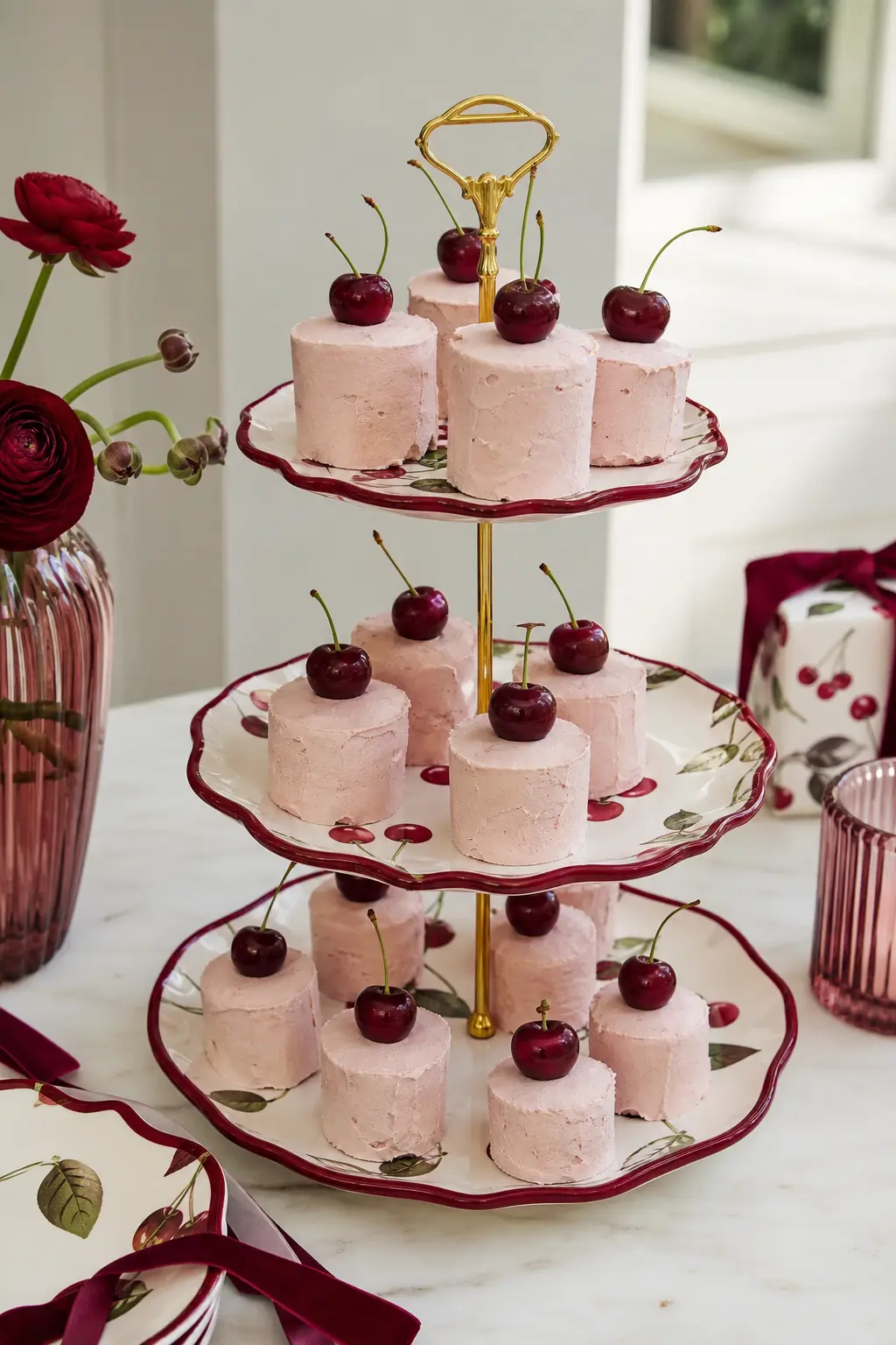 The Cherry Topped Mini Cake Stand — A three tier stand holds small round cakes frosted in soft blush, each one finished with a single glossy real or candy