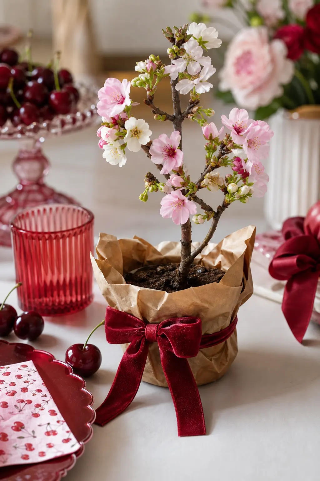 The Flowering Cherry Sapling Favor — A tiny potted flowering cherry sapling, wrapped in plain kraft paper and tied with a cherry red ribbon, sends guests home