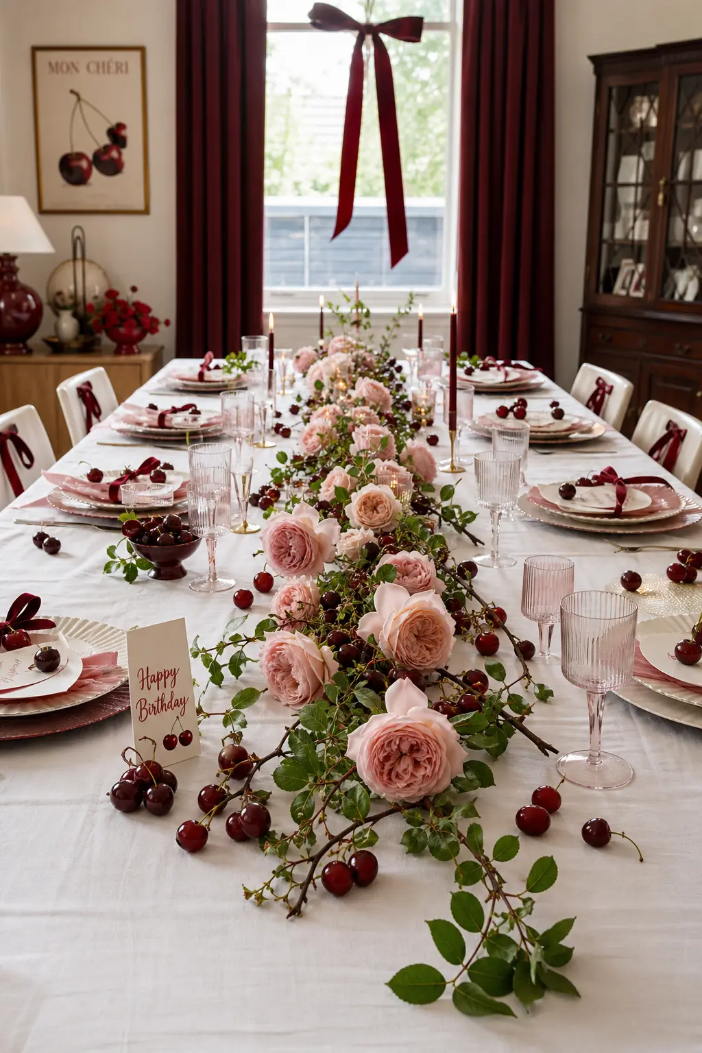 The Fresh Cherry and Rose Table Runner — A low floral runner of blush garden roses and real cherry branches lies flat down the center of the long table instead