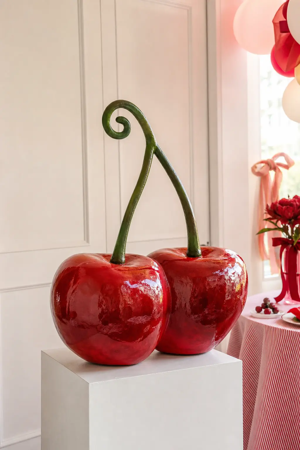 The Glossy Cherry Sculpture — A single oversized papier mache cherry pair, lacquered to a high glossy red with a curled green paper stem, sits alone on a plain