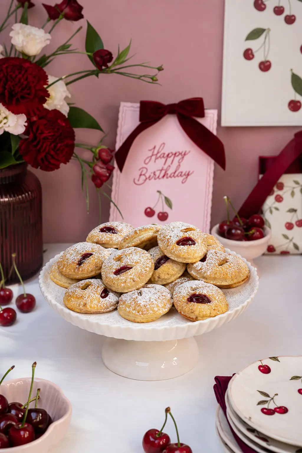 The Golden Cherry Hand Pie Stand — Small golden hand pies with a peek of dark cherry filling sit stacked on a cake stand, dusted lightly with powdered sugar.