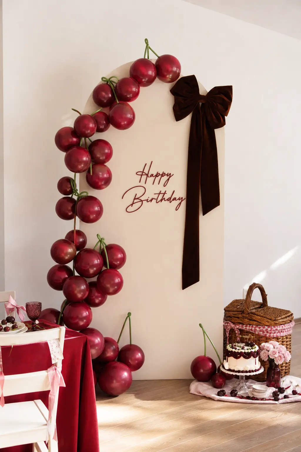 The Merlot and Cream Arch Panel — A tall arched panel painted in soft cream anchors the corner, with a cluster of glossy wine-red balloon cherries spilling
