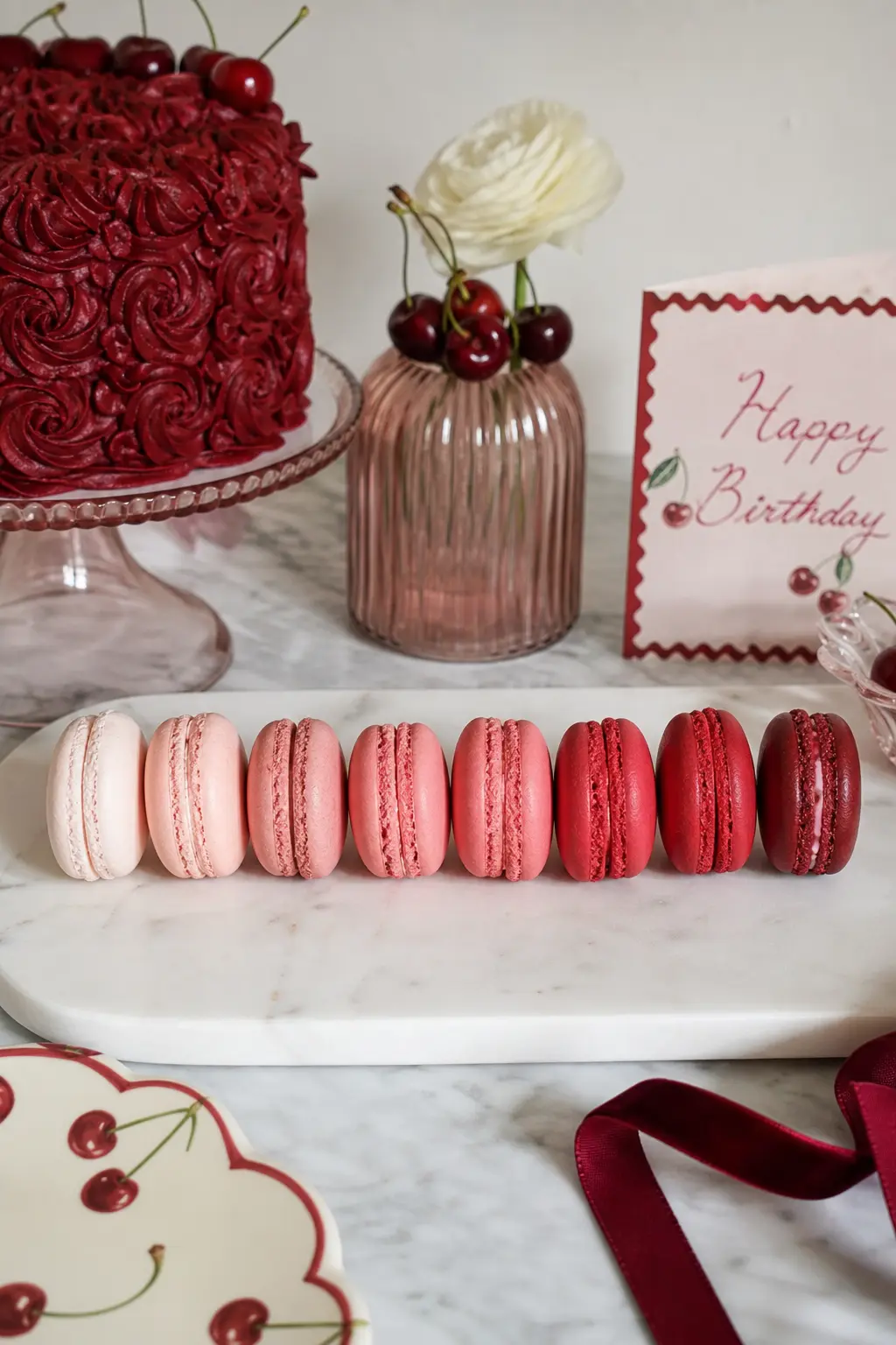 The Ombre Cherry Macaron Row — A single straight row of macaron shells runs from pale blush at one end to deep cherry red at the other, laid flat on a marble