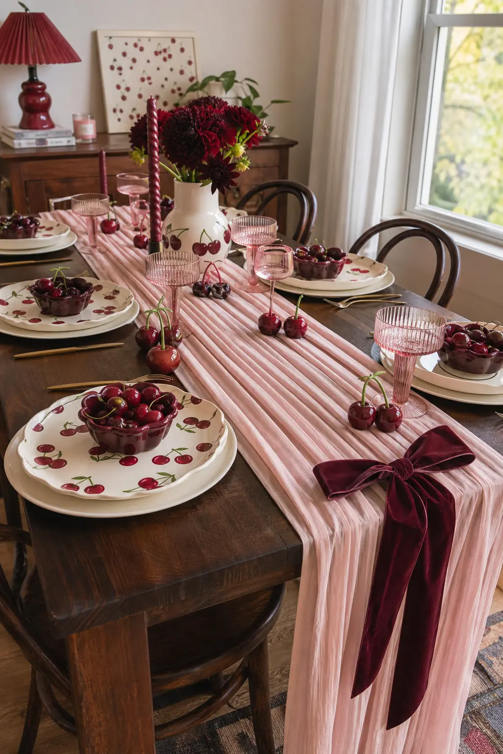 The Pleated Blush and Wine Table Runner — A pleated blush fabric runner lies down the center of the table, weighted at each end with a wide deep wine velvet