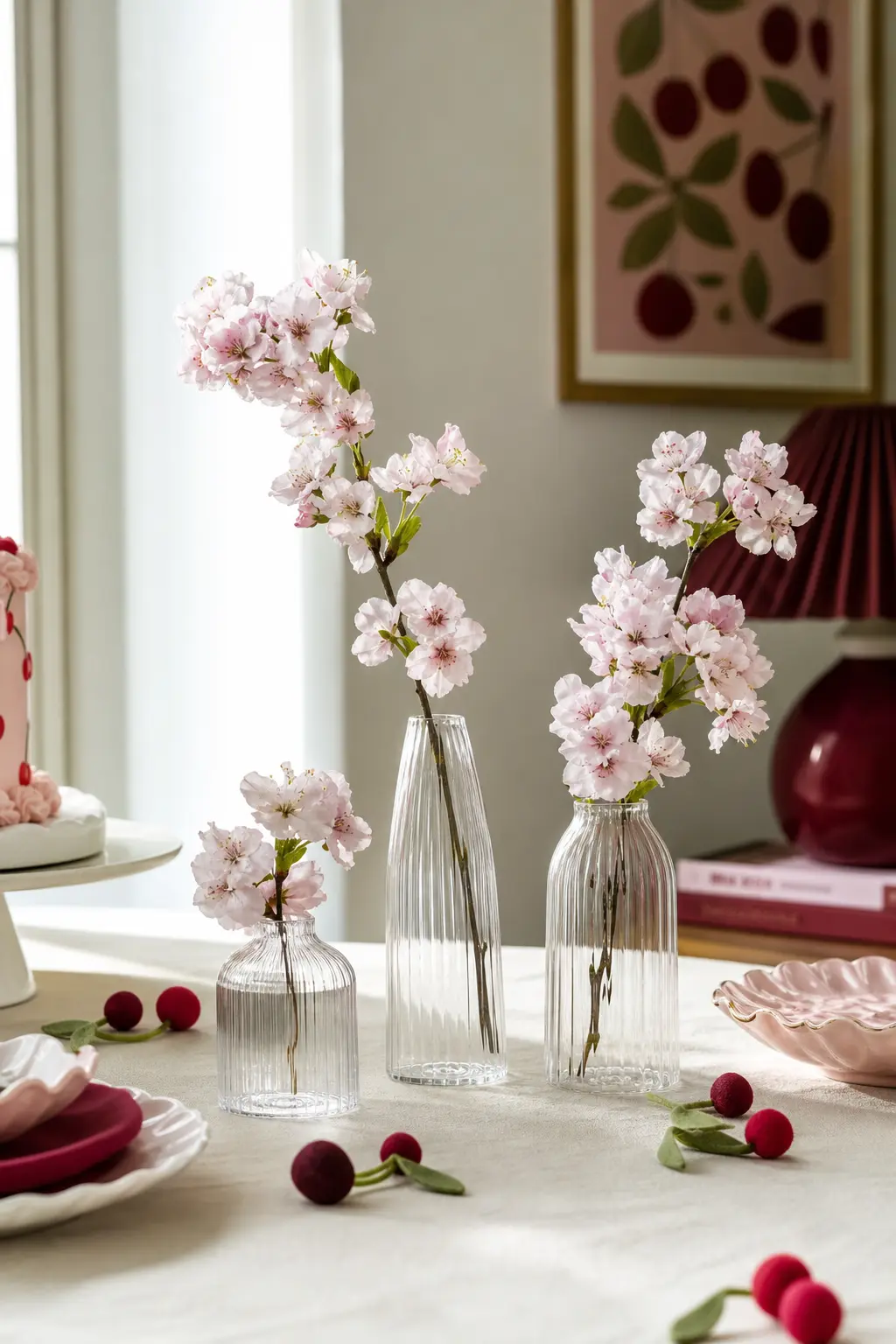 The Ribbed Bud Vase Trio — Three ribbed glass bud vases of varying heights each hold a single stem of pale pink cherry blossom, spaced loosely down the table