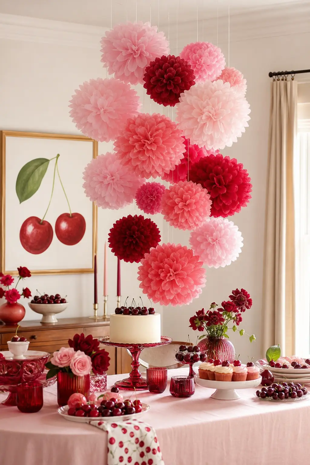 The Rose Ombre Pompom Chandelier — Tissue paper pompoms in a rose ombre from pale pink to deep red cluster together and hang low over the dessert table like a