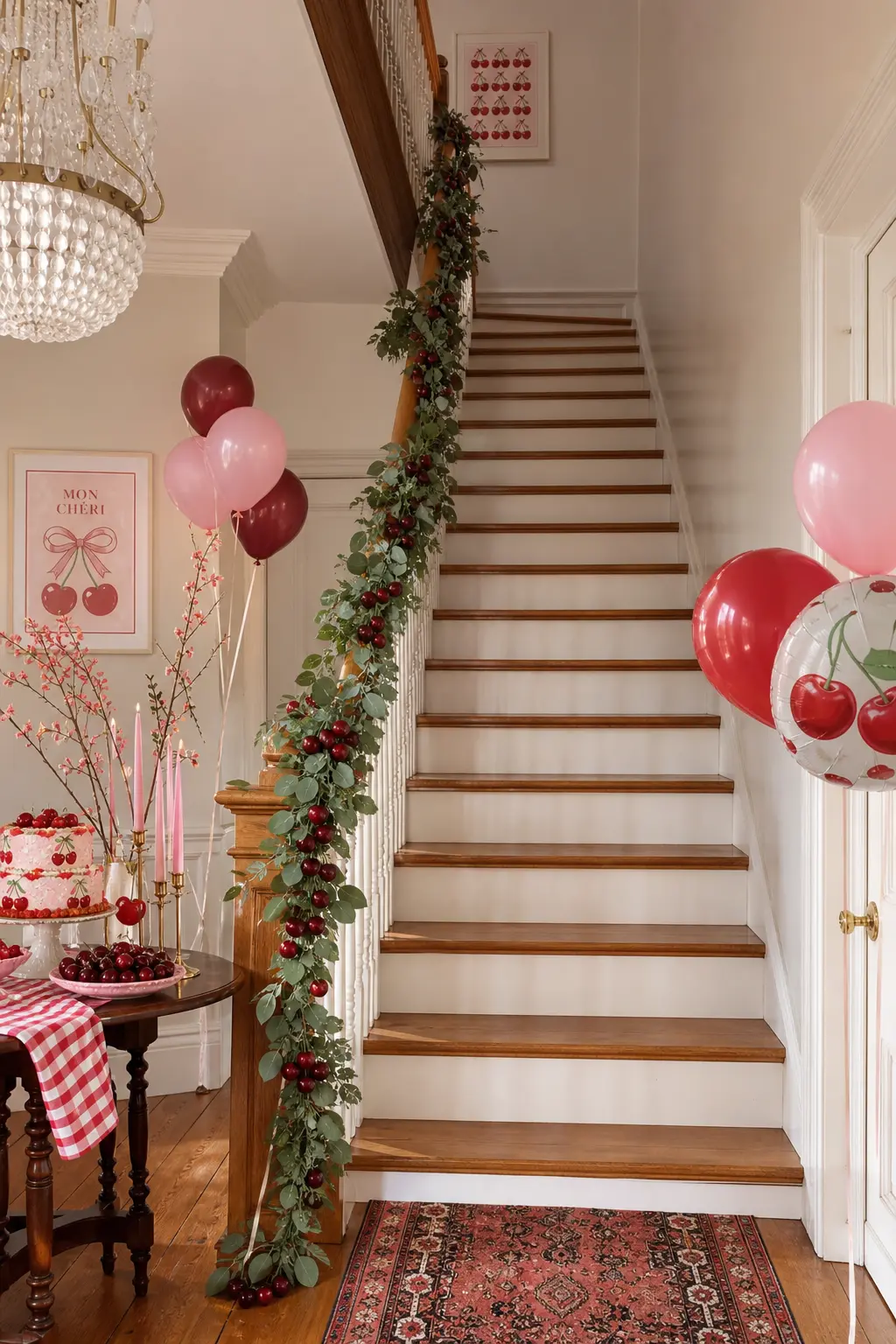 The Staircase Cherry and Eucalyptus Garland — Fresh eucalyptus garland winds down a staircase railing with clusters of deep burgundy faux cherries tucked in