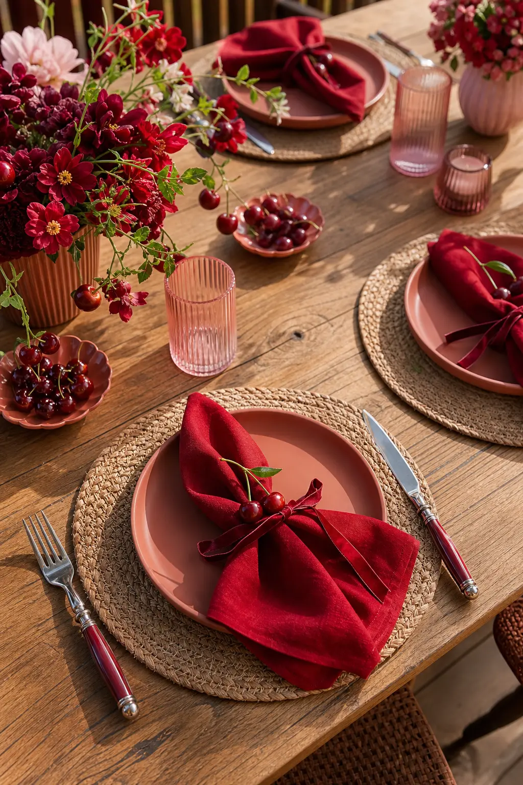 The Terracotta and Cherry Red Setting — Terracotta stoneware plates sit on woven placemats with a cherry red napkin folded simply on top, leaning earthy rather