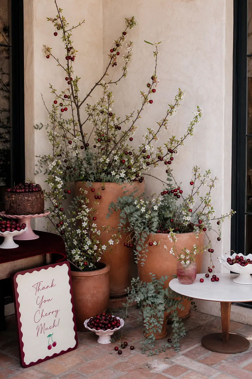The Terracotta Garden Corner — A textured lime-washed plaster corner gets dressed with terracotta pots holding real cherry branches and trailing sage green
