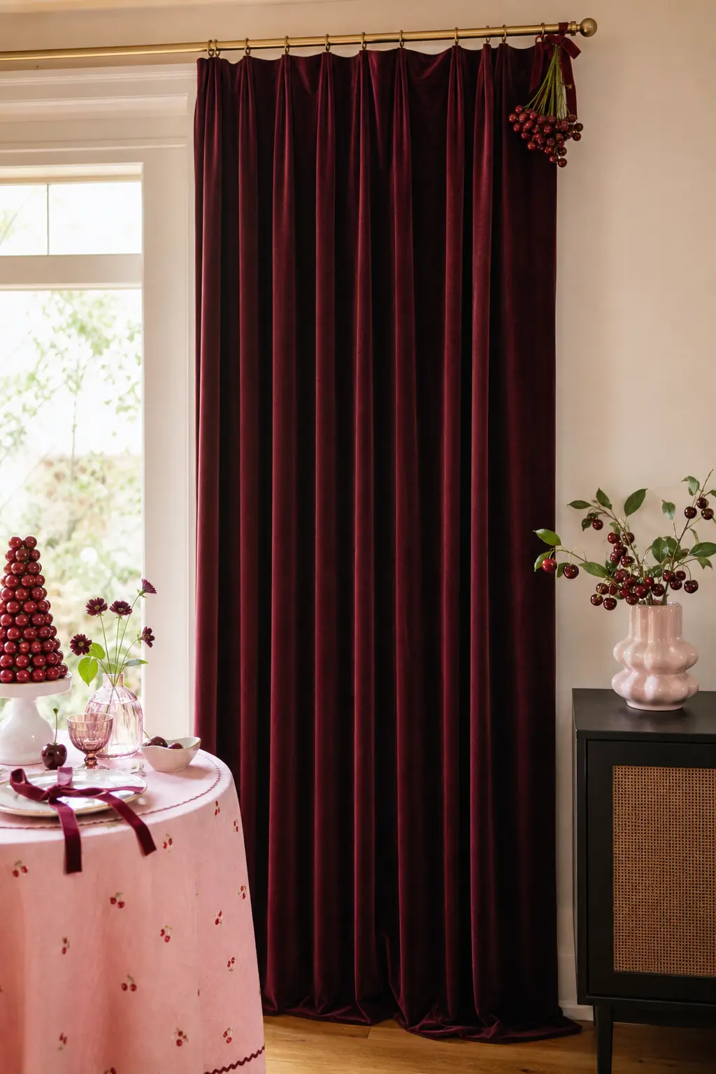 The Wine Velvet Curtain Nook — A single panel of deep burgundy velvet curtain hangs floor to ceiling from a slim brass rod, with a small cluster of real