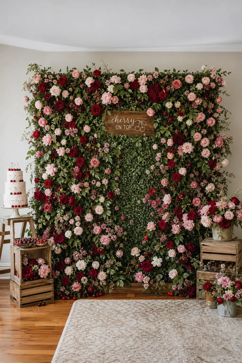 Blush and Burgundy Floral Backdrop — This stunning floral backdrop with red and blush roses is the perfect way to set the scene for a cherry-themed baby