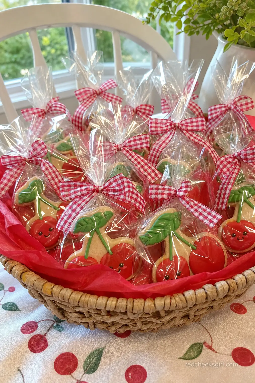 Cellophane Cherry Cookie Favor Bags — Individually wrapped cherry sugar cookies in cellophane bags, closed with a gingham ribbon, cost less than boxed favors