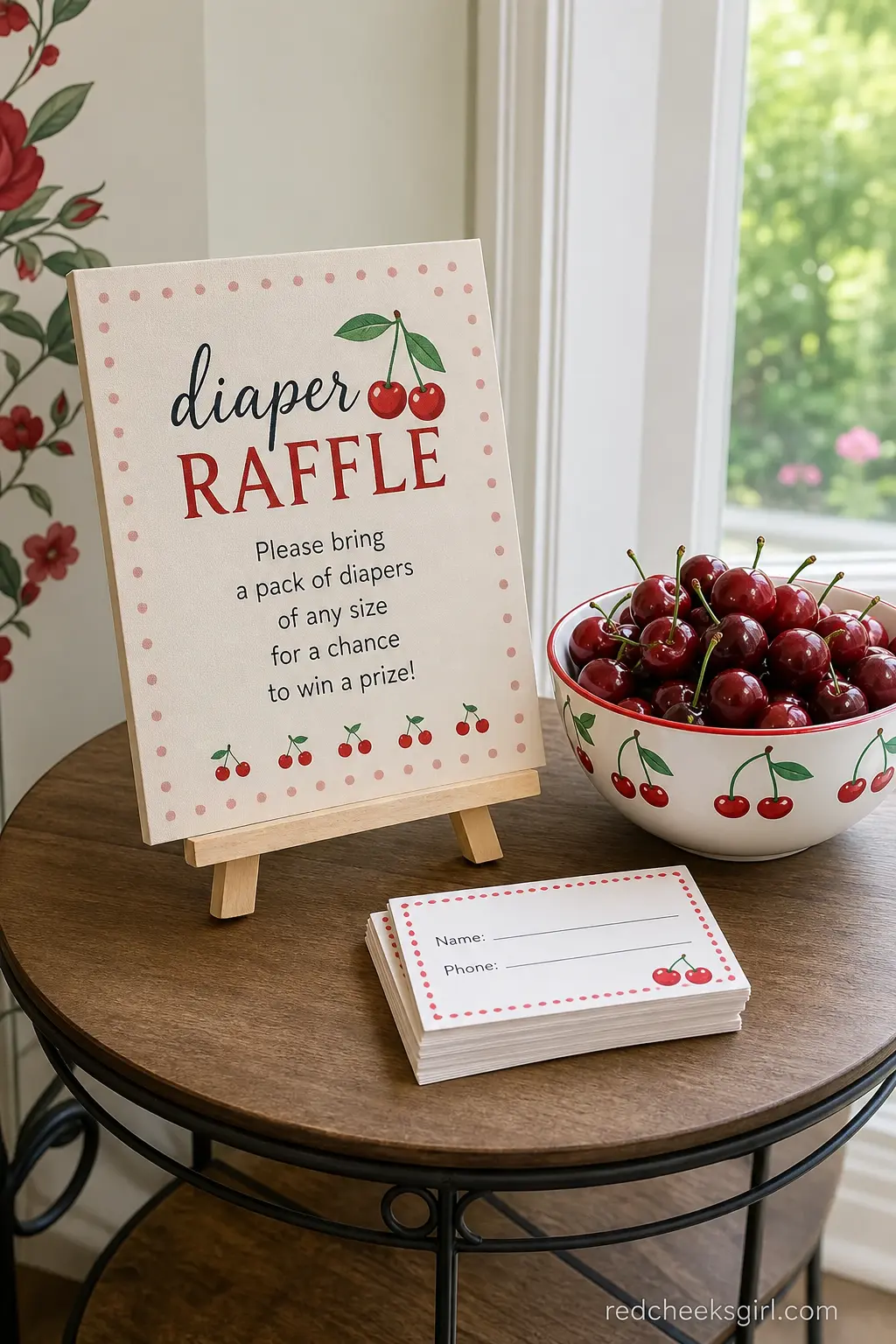 Cherry Diaper Raffle Corner — A small easel sign explaining the diaper raffle, surrounded by a bowl of ripe cherries and a few raffle tickets, turns a