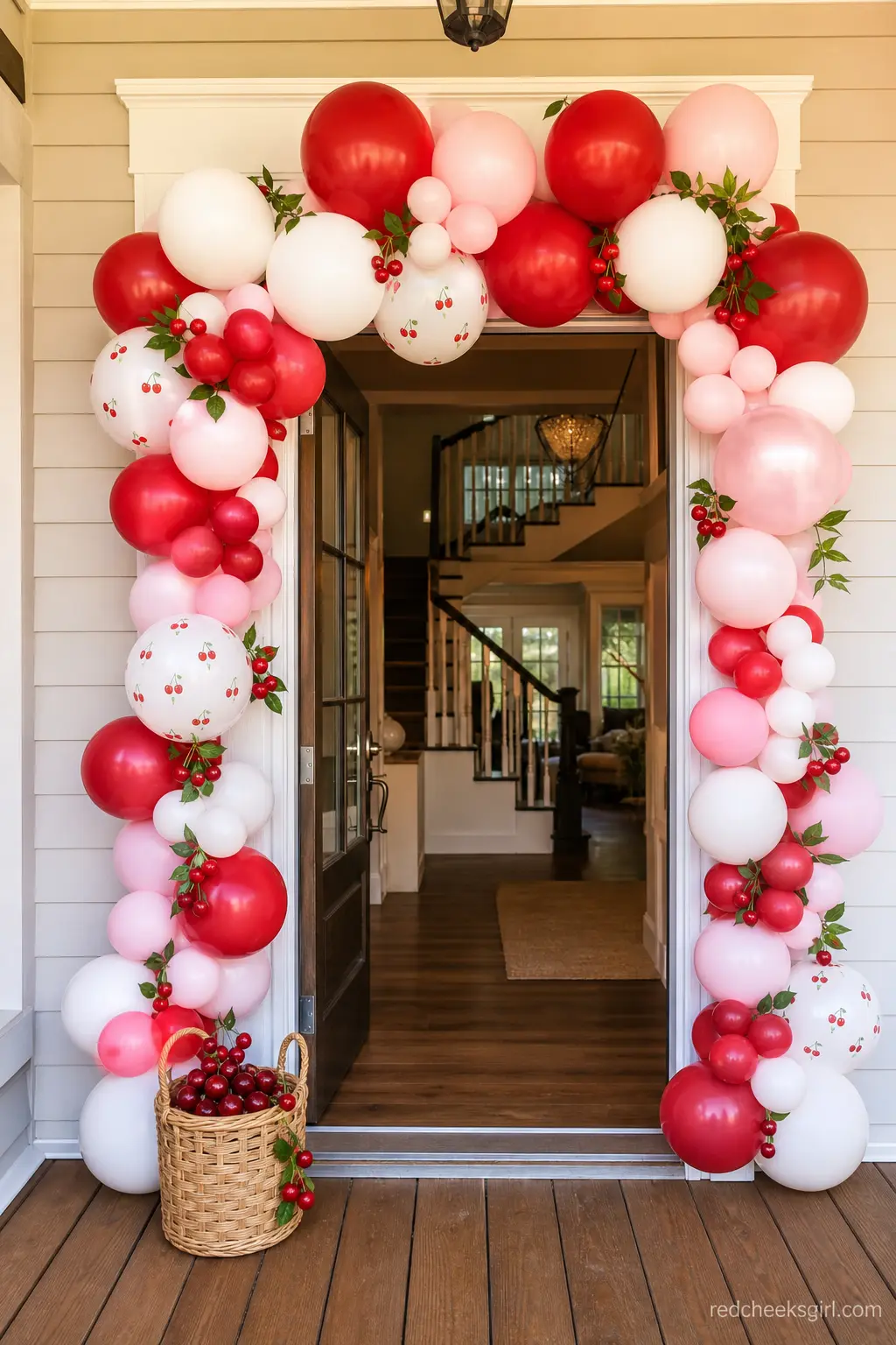 Front Door Cherry Balloon Arch — A cherry red, blush pink and white balloon arch framing the front door tells every guest what kind of afternoon they are