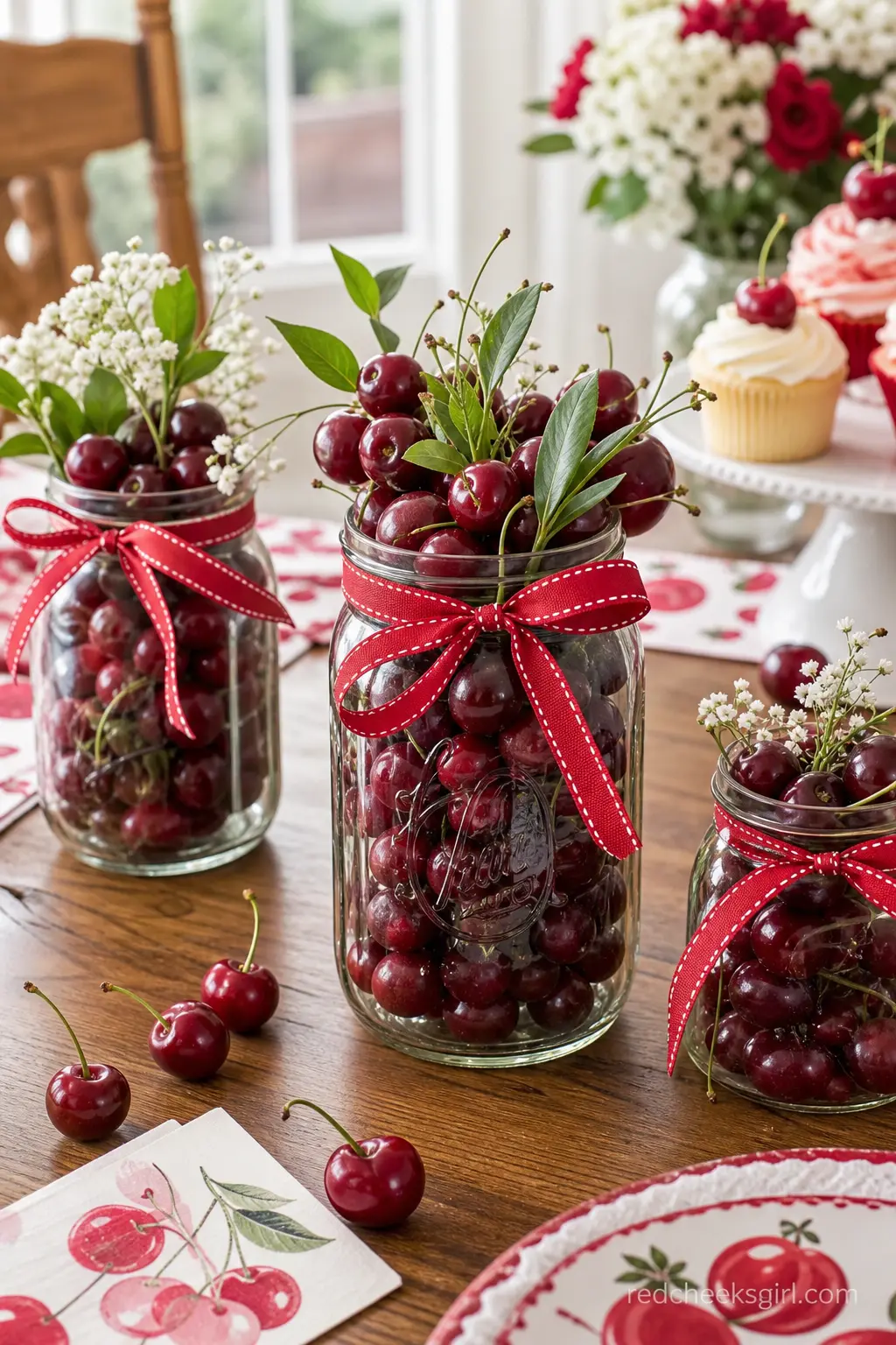 Glass Jar Cherry Centerpiece — Mason jars make perfect cherry-themed centerpieces. Cherry on top baby shower theme