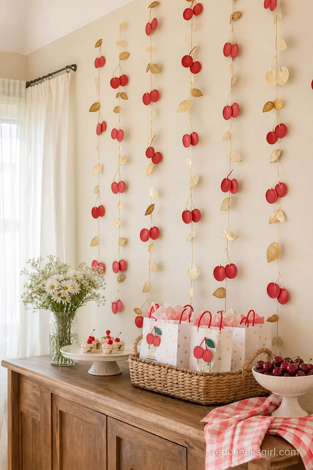 Ivory and Gold Cherry Garland Wall — For a softer entrance, hang paper cherry garlands across a cream wall and let a few gold accents catch the light. Cherry