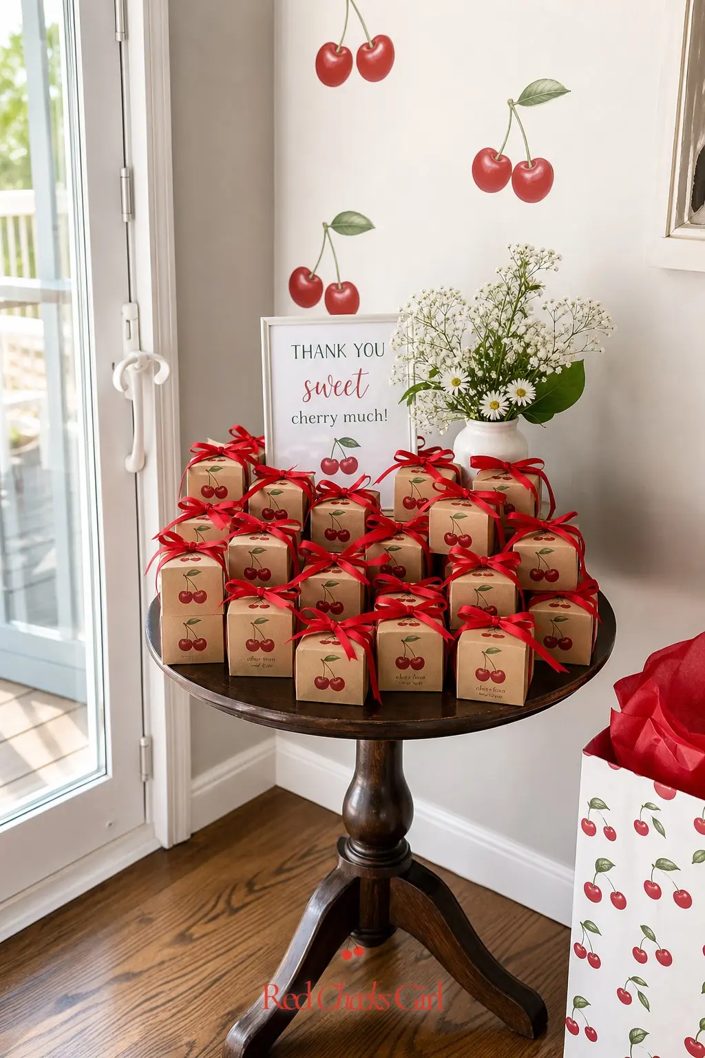 Kraft Box Cherry Favor Table — Small kraft boxes printed with cherries and tied with red ribbon make a favor table that guests actually walk away with. Cherry