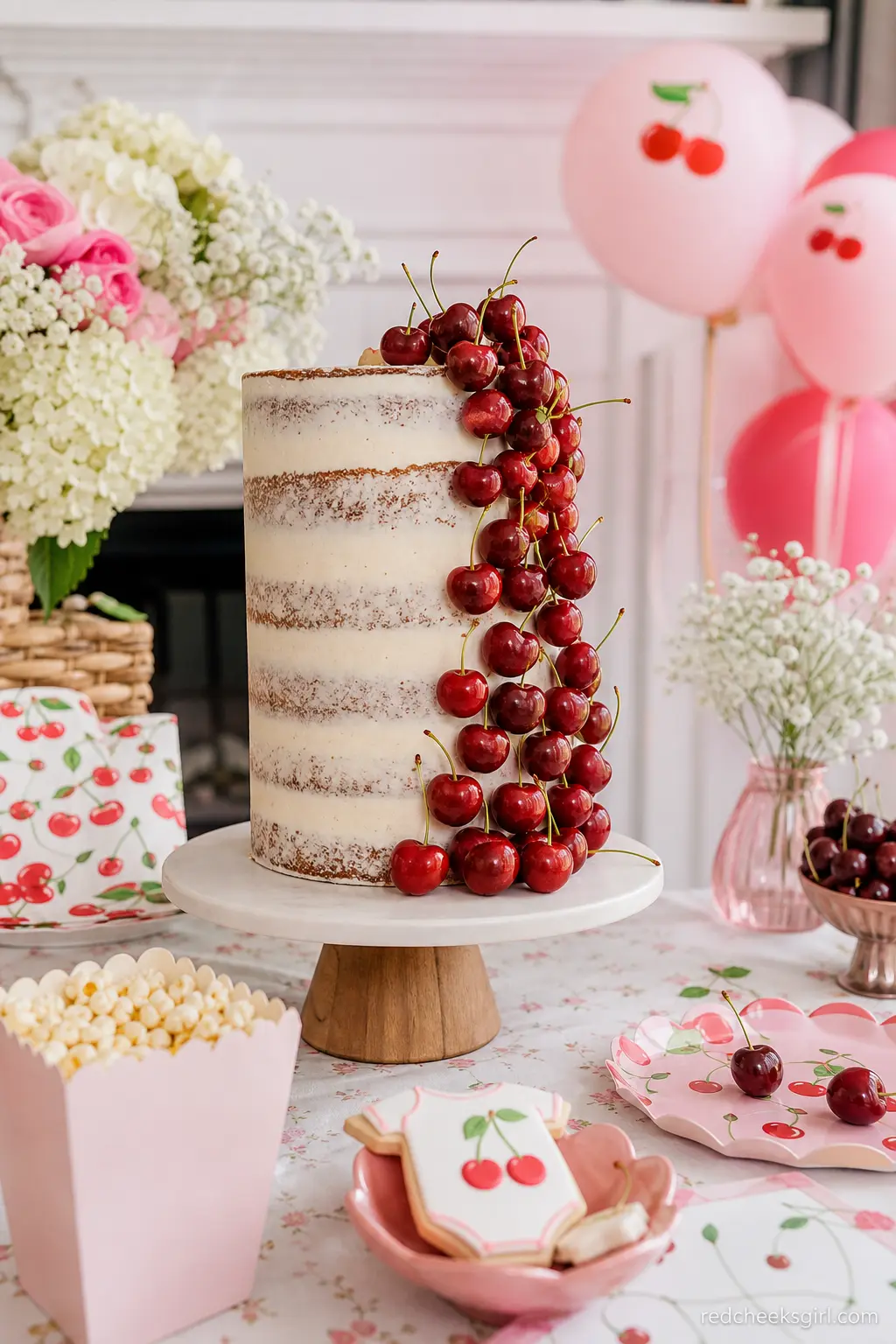 Naked Cake with Cascading Cherries — A beautifully decorated cake sits as the centerpiece, featuring elegant frosting details and fresh cherries that match the