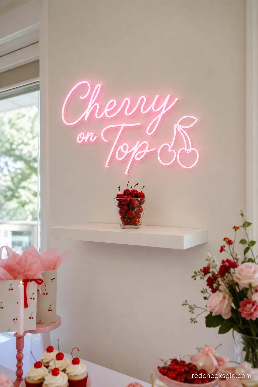 Neon Style Cherry on Top Sign — A cute banner or sign that spells out the theme in a soft pink glow gives guests an easy photo the moment they walk in. Cherry
