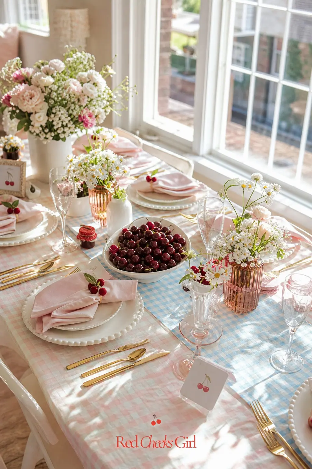 Pastel Cherry Brunch Table — Blush, ivory, and pale blue can soften the setup so it still feels gentle for a daytime celebration. Cherry on top baby shower