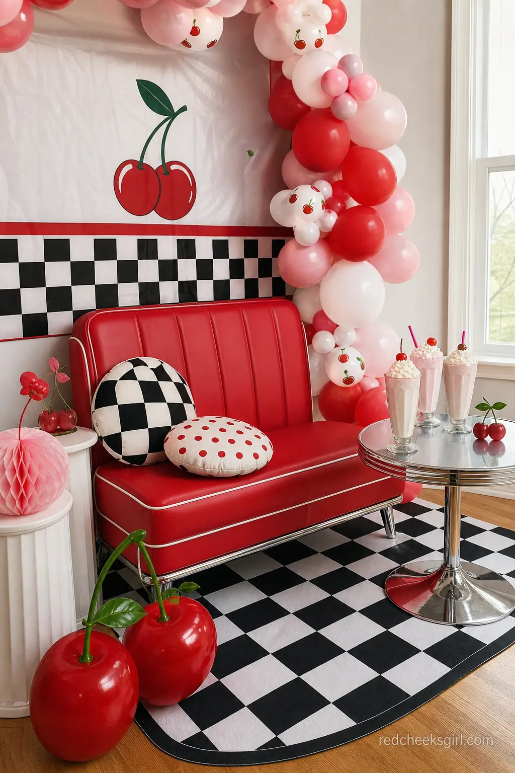 Vintage Diner Photo Corner — A vintage cherry diner setup is perfect if you want the theme to feel playful rather than delicate. Cherry on top baby shower theme