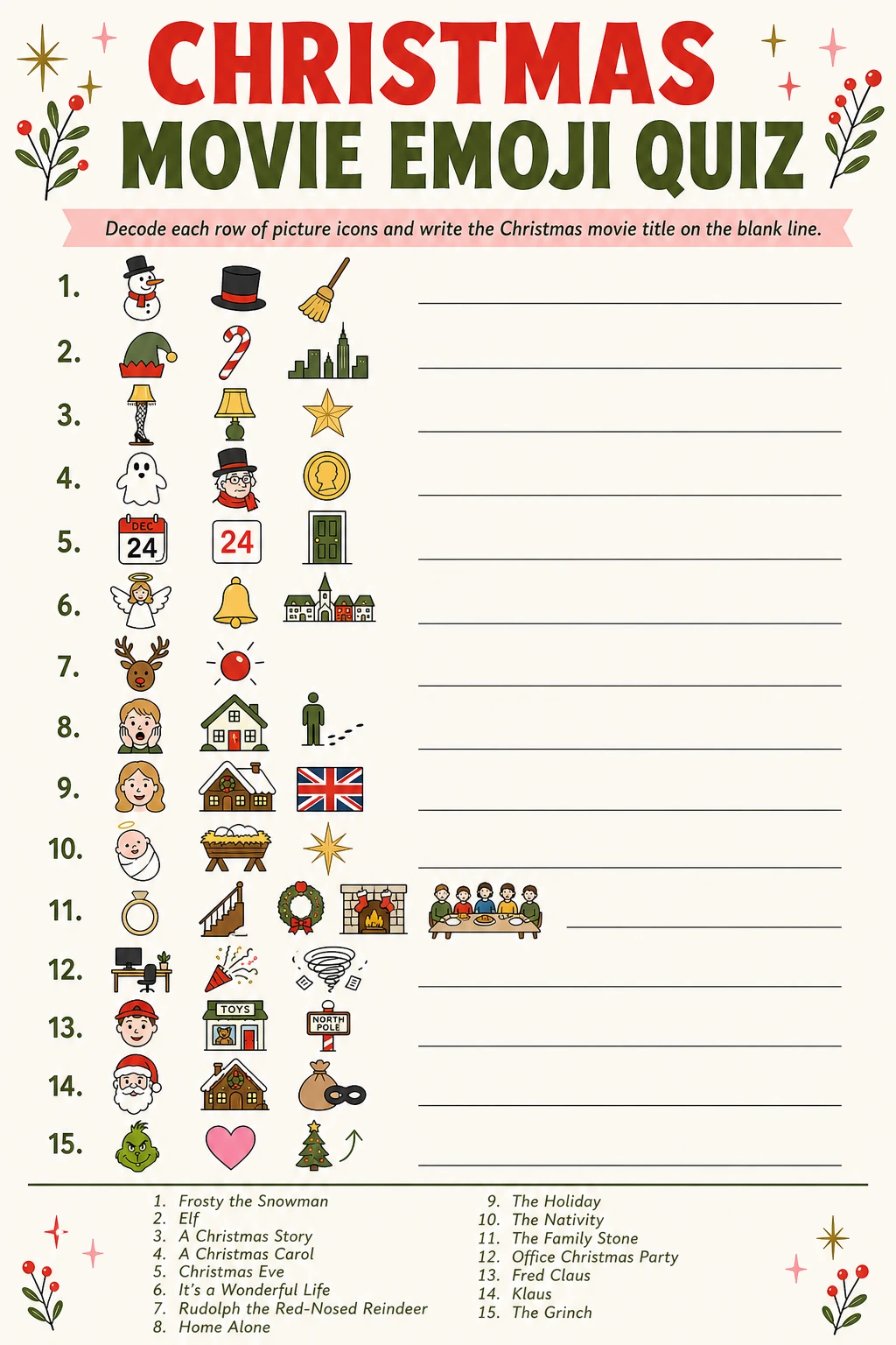 Christmas Movie Emoji Quiz printable