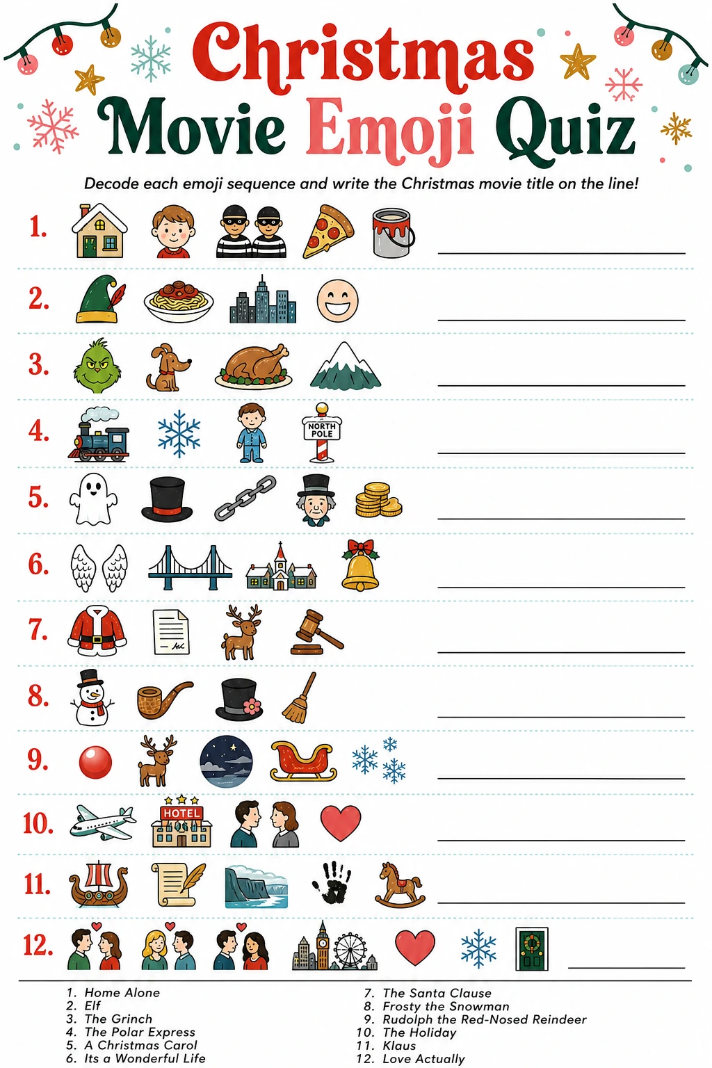 Christmas Movie Emoji Quiz printable