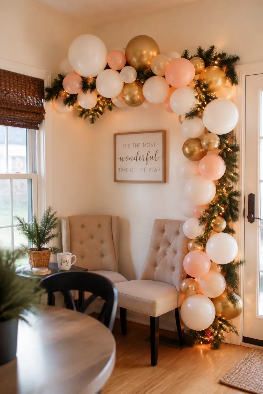 The Breakfast Nook Garland-and-Balloon Corner Arch — A breakfast nook or reading corner in an open-plan space is often invisible at a party. Christmas balloon